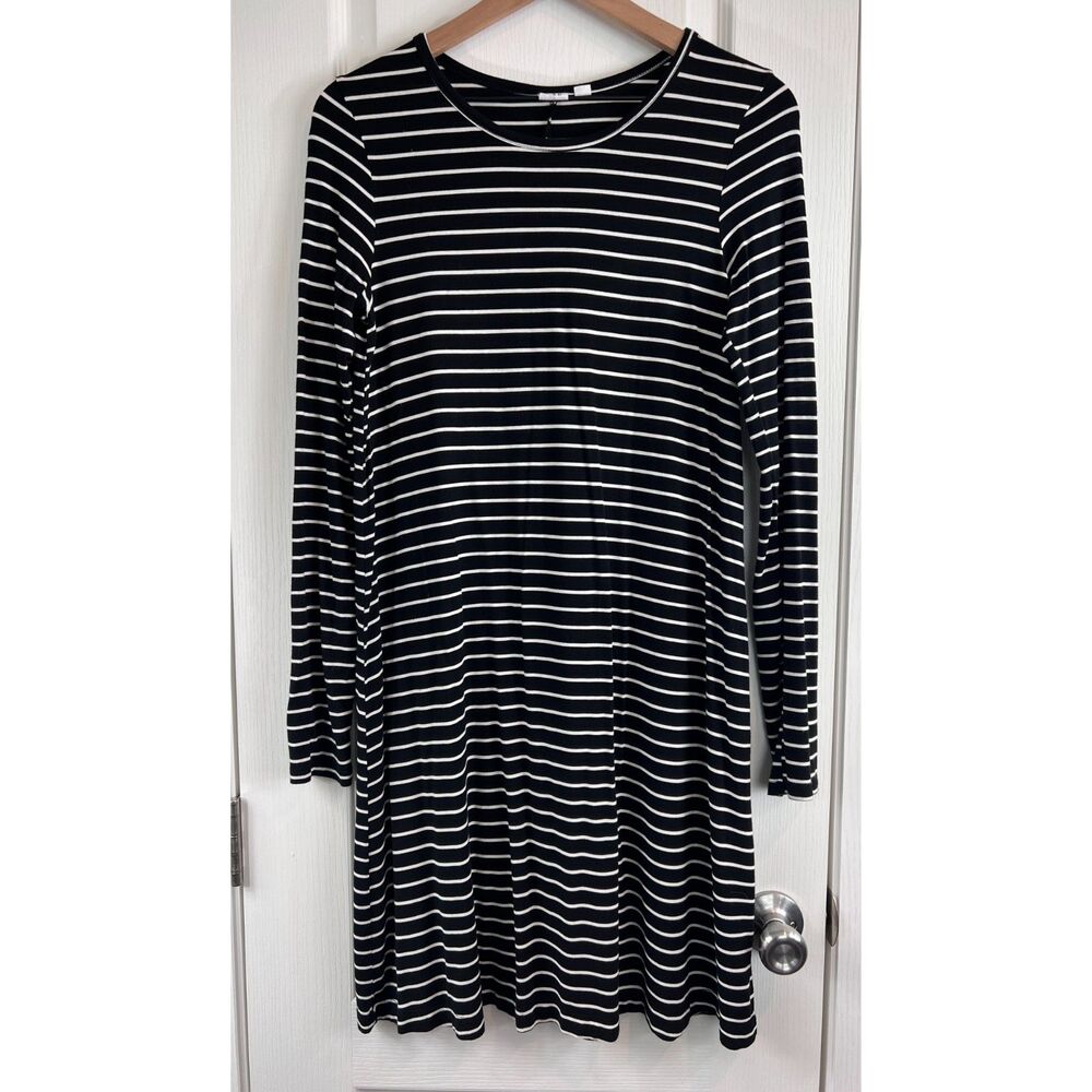 Gap Women's Long Sleeve Swing Dress Black White Stripe Stretch Rayon Size S
